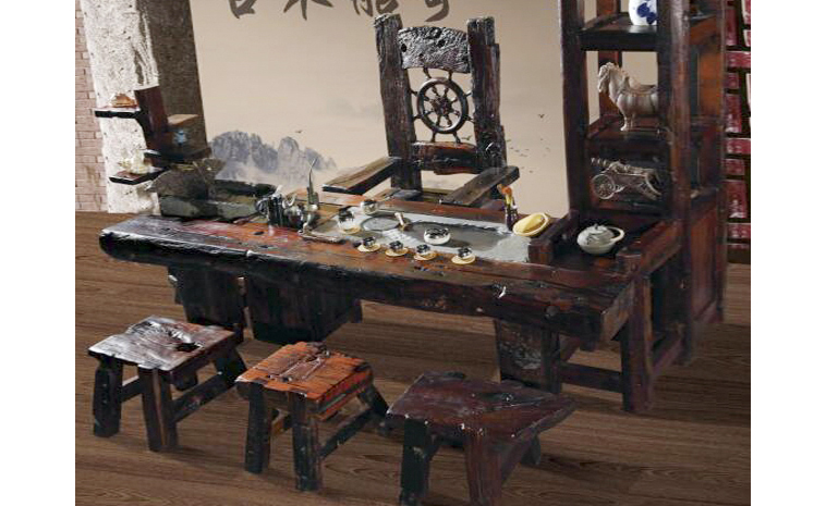 三人位小龙骨船木茶台